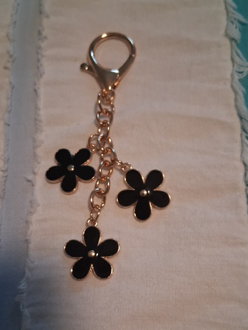 Gold-Tone Black Floral Charm Key Or Card Holder Accent. - Picture 2 of 7